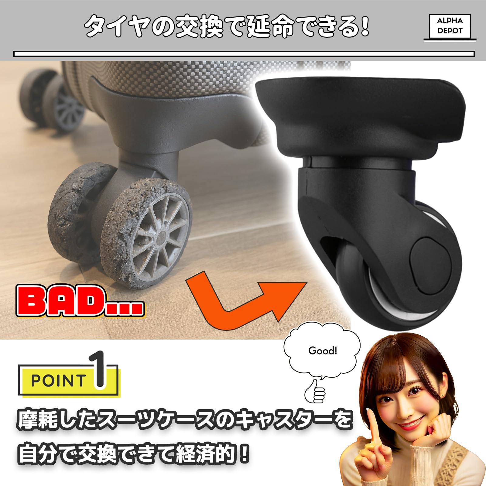 Amazon.co.jp: Alpha Depot スーツケース キャスター 交換 修理 タイヤ